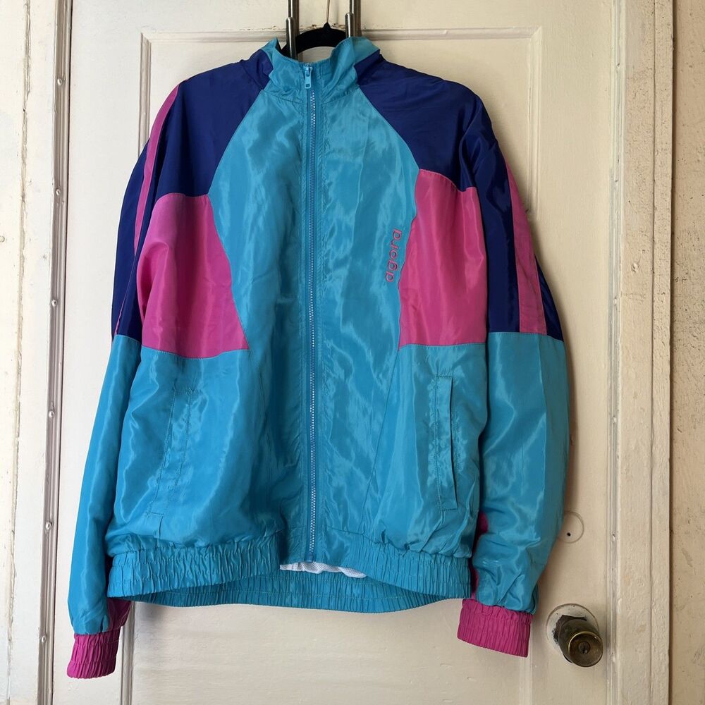 Vintage 90s windbreaker jacket L Colorblock Zip Logo Streetwear Dancing Festival